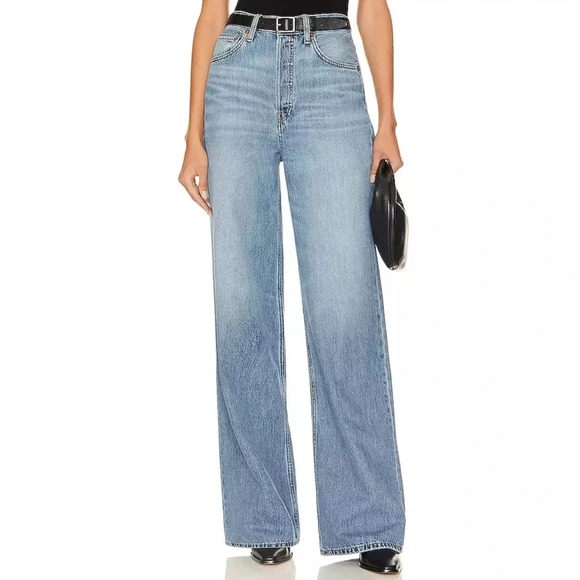 Re/Done 70s Stove Pipe Ultra High Rise Wide Leg Jeans Black Denim Size 24 $298 - Picture 13 of 13